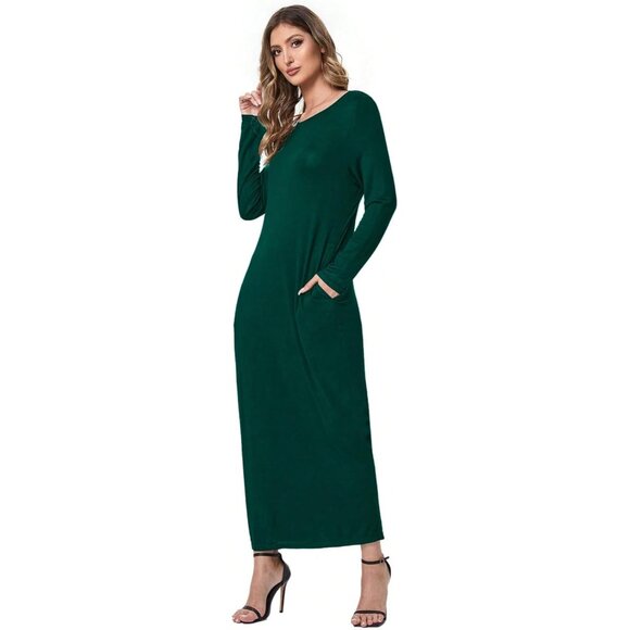 Women's Dark Green Maxi Dress Viscose Elastane Casual Lounge Vacation - Picture 2 of 5
